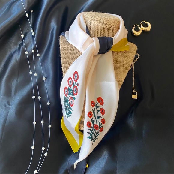 Spring Yellow Blue Floral Silky Scarf - Picture 3 of 8